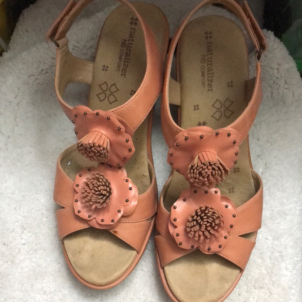 Pink sandals with flowers, Wedge Heels